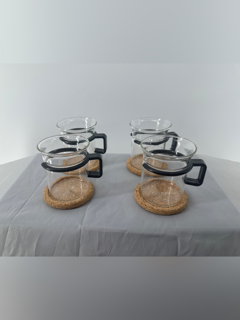 Vintage set of 4 bodum glass mugs with cork coasters